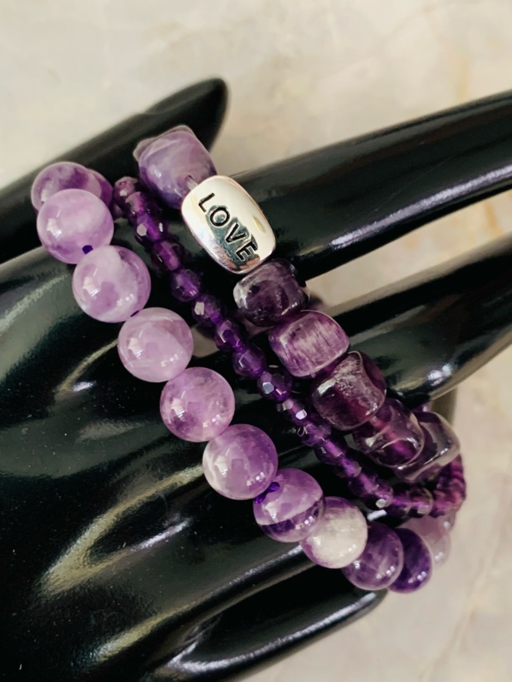 Purple Amethyst Agate Beaded Women's Bracelet Stack 925 Love bead